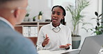 Meeting, discussion and business black woman in office for planning, conversation and consulting. Corporate, human resources and workers for collaboration, teamwork and talking for interview feedback