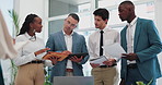 Documents, planning and technology with team of business people in office for discussion or meeting. Collaboration, diversity or workshop with man and woman employee group talking in workplace