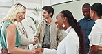 Meeting, welcome and business people with handshake in office for hiring, success or b2b thank you. Recruitment, deal and employee group shaking hands for crm, agreement or corporate networking event