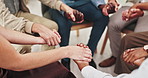 People, holding hands and support at group therapy with consulting, above or kindness for mental health. Huddle, scrum and empathy with compassion, help and psychology with trust, circle or community