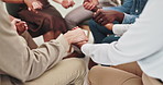 People, holding hands and together in group therapy with circle, above or kindness for mental health. Men, women and empathy for compassion, help and psychology with trust, consulting or community