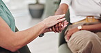 Holding hands, support and empathy in counseling for mental health, help or advice with people in therapy. Psychologist, patient for healing and rehabilitation, trust and kindness with compassion