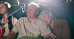 Movie, love and elderly couple in cinema with smile for comedy film, relax and sleep at theatre. Happiness, rest and senior people with entertainment for bonding, date and laugh at funny show