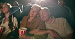 Cinema, movie and elderly couple with smile for happy film, relax and sleep at theatre house. Happiness, senior people and rest with popcorn for entertainment, date and enjoyment in retirement