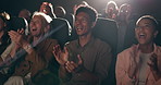 Happy, people and laugh in cinema with applause for good movie or success, approval and celebration for film premiere. Audience, clapping hands and cheer in theatre for joy, experience and diversity.