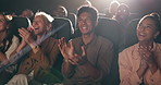 Happy, people and smile in cinema with applause for good movie or success, approval and celebration for film premiere. Audience, clapping hands and cheer in theatre for joy, experience and diversity.