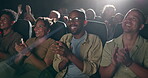 Audience, happy or applause in theater, performance or entertainment as appreciation or support. People, cinema or clapping in happiness at celebration of laughter, comic or show at night outing