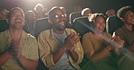 People, happy or clapping in theater, performance or comic entertainment as bonding together. Friends, cinema or applause in happiness at celebration of laughter, funny or joke at night outing