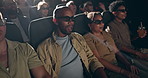 People, audience and 3d glasses in cinema with excited shock, entertainment or watching. Men, women and crowd in theatre for auditorium screening at film festival for performance, relax or movies