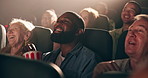 People, audience and cinema or laughing at movie for comedy film festival, performance or entertainment. Man, popcorn and humor in auditorium theatre or chair rows for watching, screening or funny