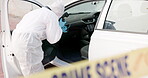 Forensic, investigation and photographer for evidence in crime scene car for accident, burglary and research analysis. Science, csi and photography with rear view in transport vehicle for observation