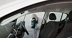 Forensic, investigation and photography of evidence in crime scene car for accident, burglary and research analysis. Science, csi and photographer with pictures in transport vehicle for observation