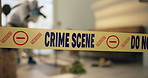 Crime scene, photography and police in house with tape for investigation, evidence and inspection. Law enforcement, forensic analysis and team take pictures in apartment of victim, murder and search