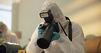 Camera, forensics and investigation of evidence at crime scene for case, photography and observation. House, research and person with technology for analysis, medical pictures and documentation