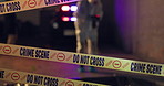 Police tape, crime scene or csi with investigation of evidence with photography of murder victim at night. Forensic quarantine, expert in hazmat and cops for observation, examination or case research