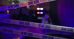 Police tape, crime scene or csi photographer with evidence of murder victim at night with first responder. Forensic quarantine, expert in hazmat and cops for observation, examination or case research