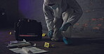 Forensic, csi and swab for dna at crime scene for medical investigation, research analysis and evidence inspection. Science, expert in hazmat and case investigator with observation or search at night