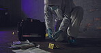 Forensic, csi and collect evidence at crime scene for investigation, research analysis and property inspection. Science, expert in hazmat and case investigator with observation and search at night