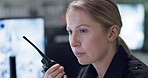 Woman, walkie talkie or speaking with cctv monitor for protection, security service and building safety. Face, video surveillance agency and guard in control room with footage or camera for crime