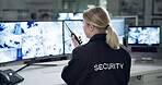 Woman, security and talking with computer in office, protection with female person on technology phone. Communication, surveillance on monitor for information, screen for safety at work desk