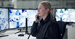 Woman, security and talking with computer and safety, protection with female person on technology phone. Communication, surveillance and sitting at monitor for information, screen at work desk