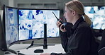 Woman, security and talking with computer screen, protection and female person on technology phone. Communication, conversation surveillance and sitting at monitor for information at desk in office