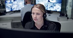 Emergency, call center and woman on computer for service, first responder and customer support. Telecommunication, surveillance office and person with headset for security, helpline and contact