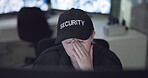 Woman, security guard and tired by computer with surveillance for job, protection and overworked. Female person, exhausted and burnout at work with fatigue, night shift and monitor in control room