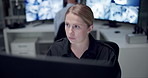 Computer, security and woman with surveillance on screen for protection, safety and service in building. Law enforcement, technology and person in control room for watching, inspection and monitor