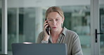 Business, phone call and woman with laptop, professional and planning with schedule and contact. Person, corporate and consultant with a computer and cellphone with internet, digital app and agent
