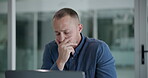 Yawn, tired and accountant with laptop in office for burnout, exhausted and financial deadline. Businessman, corporate and bored with tech for audit report, overworked or brain fog from fatigue