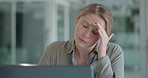 Business, headache and woman with burnout, tired and frustrated with project or anxiety in workplace. Person, fatigue or consultant with laptop or migraine with stress, brain fog or dizzy with crisis