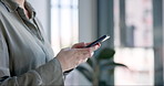 Phone, office and hands of business woman for social media, website review and internet. Corporate, worker and person typing on smartphone for networking, online chatting and email communication