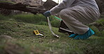 Forensic, collect or evidence at crime scene for investigation in forest with safety bag or protection hazmat.
Csi career, expert investigator and examination for observation or case research outdoor