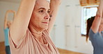 Senior woman, yoga and relax with class for stretching, spiritual wellness or balance together. Elderly people or yogi teaching group with zen for warm up, workout or pilates in exercise or fitness