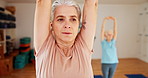 Senior woman, yoga and zen with class for stretching, spiritual wellness or balance together. Elderly people or yogi teaching group with breathe for warm up, workout or pilates in exercise or fitness