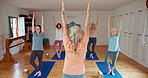 Senior woman, instructor and stretching with yoga class for zen, spiritual wellness or balance together. Elderly people, yogi or group with coach for fitness, exercise or pilates in awareness on mat