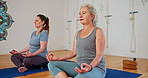 Senior woman, breathing and meditation with yoga class for spiritual wellness, zen or inner peace. Elderly group, people or yogi meditating in lotus pose for health, awareness or stress relief on mat