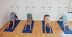 Woman, coach and yoga with class in stretching, spiritual wellness or zen together at home. People or yogi group in pilates, training or workout for exercise, fitness or health on mat on wooden floor