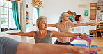 Senior woman, stretching and zen with yoga class for spiritual wellness, gym or balance together. Elderly people, yogi or peace in relax or warrior pose for fitness, awareness or indoor exercise