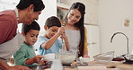 Grandma, mixing or happy kids baking with mother in kitchen learning cooking recipe in family home. Siblings, development or grandmother helping or teaching children with flour bowl for cookies 