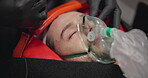 Patient, paramedic and check pupil response in emergency medical service, accident and oxygen mask. Victim, injury and test in disaster, trust and support in closeup of face, healthcare or rescue