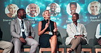 Discussion, conference and speaker with business people on a stage for presentation, startup and speech. Teamwork, audience and host panel of men and women in seminar, tradeshow and convention event