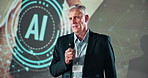 Ceo, speech and presentation of man at conference for AI, seminar or workshop. Summit, talking or professional at event for training, coaching or mature programmer with mic in auditorium for business