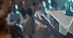 Hand, speech and seminar talking for business meeting, convention and workshop in conference room with audience. Professional person, corporate worker and ceo giving keynote address or presentation