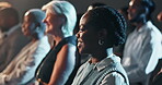 People, diversity and audience convention at seminar tradeshow for presentation training, crowd or coaching. Business woman, smile and community event for conference employee, teaching or workshop