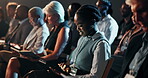 People, audience and tablet for conference seminar or learning online notes at workshop, training, convention. Business, colleagues and diversity tradeshow for international team, group or teaching