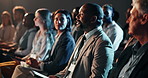 Man, audience and question at conference seminar with tablet for learning workshop, corporate training or talking. Male person, group and diverse crowd or speaking at convention, tradeshow or event