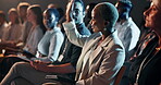 African woman, audience and question for conference, coaching and workshop for training speech. Team, seminar and leadership with crowd, trade show and communication for group motivation event.