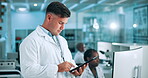 Man, scientist and typing with tablet for lab results or report as healthcare worker. Female person, digital app and website for information or treatment guidelines, database or online schedule
